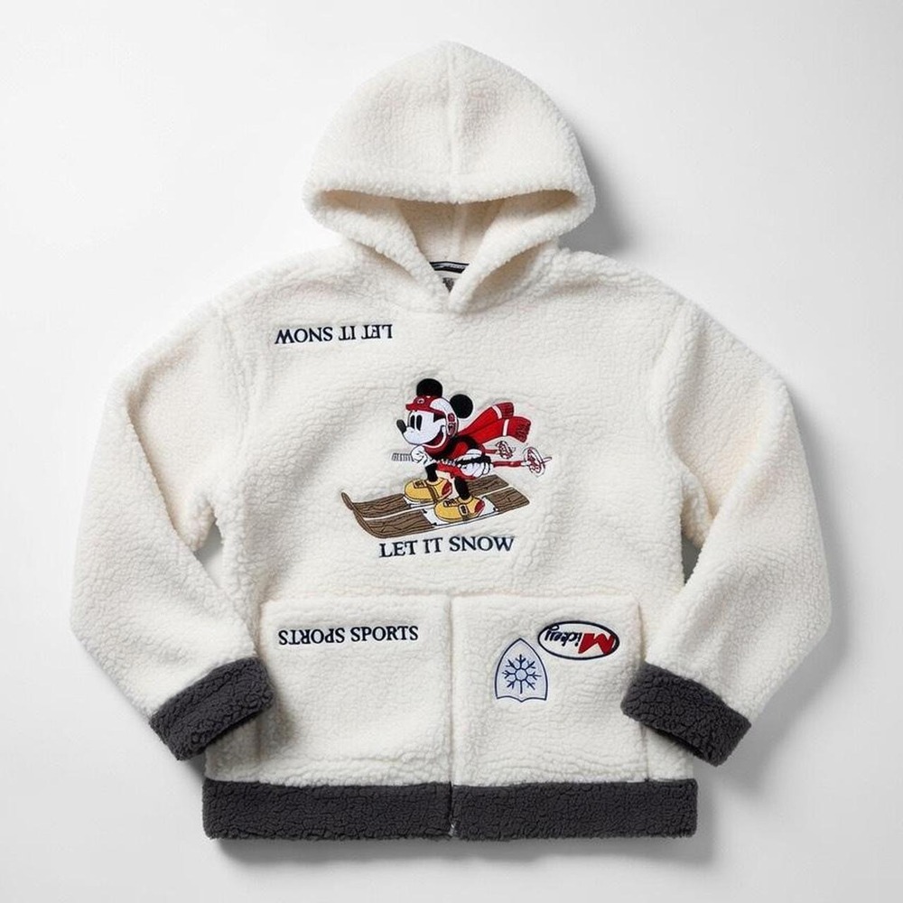 Disney Mickey Mouse 'Let It Snow' Cream Sherpa Full Zip Hoodie Ski Theme